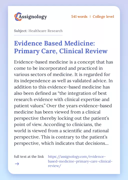Evidence Based Medicine: Primary Care, Clinical Review - Essay Preview