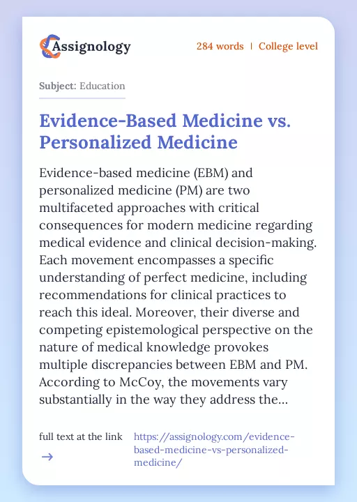 Evidence-Based Medicine vs. Personalized Medicine - Essay Preview