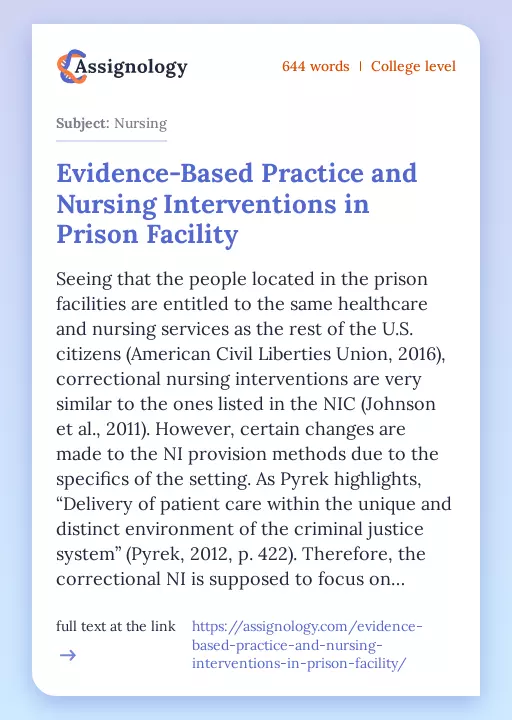 Evidence-Based Practice and Nursing Interventions in Prison Facility - Essay Preview