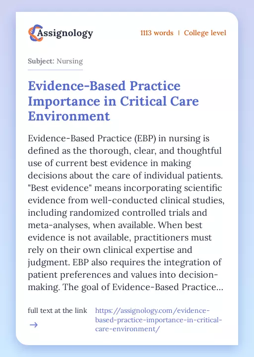 Evidence-Based Practice Importance in Critical Care Environment - Essay Preview