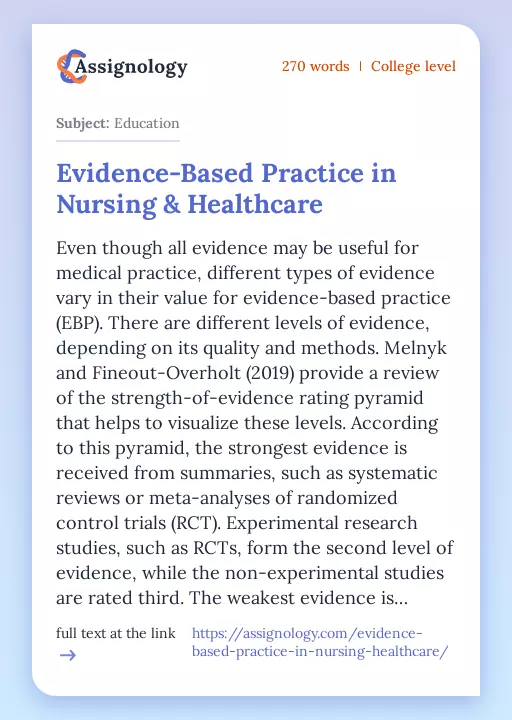 Evidence-Based Practice in Nursing & Healthcare - Essay Preview