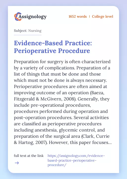 Evidence-Based Practice: Perioperative Procedure - Essay Preview