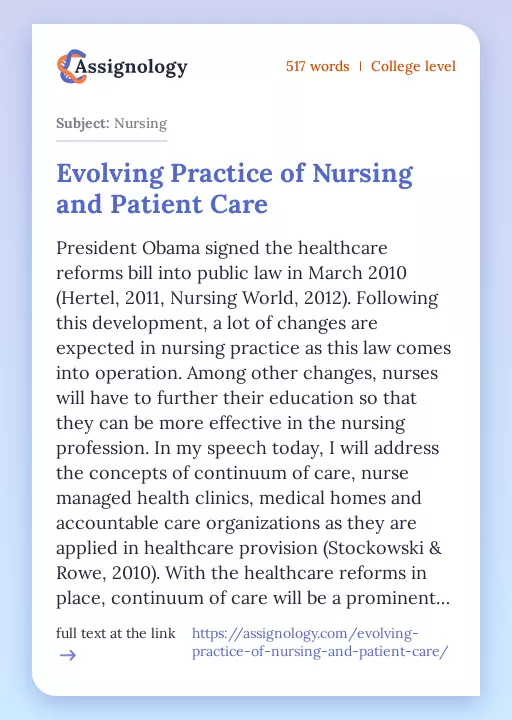 Evolving Practice of Nursing and Patient Care - Essay Preview