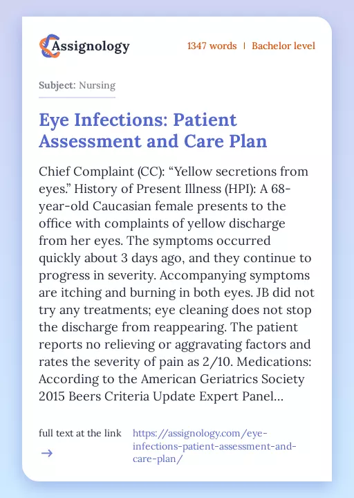 Eye Infections: Patient Assessment and Care Plan - Essay Preview
