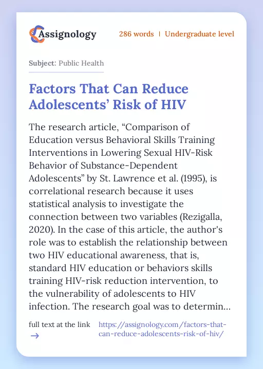 Factors That Can Reduce Adolescents’ Risk of HIV - Essay Preview