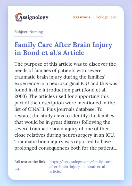 Family Care After Brain Injury in Bond et al.'s Article - Essay Preview