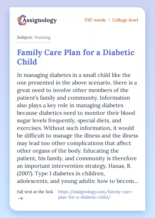 Family Care Plan for a Diabetic Child - Essay Preview