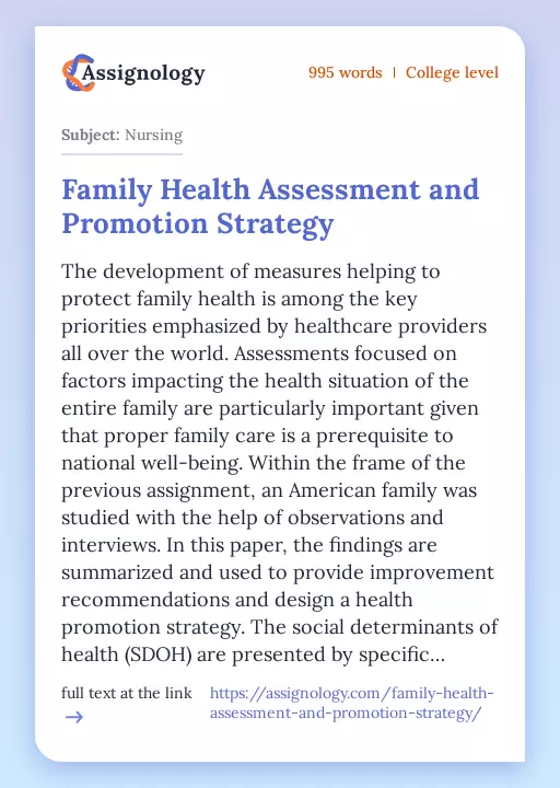 Family Health Assessment and Promotion Strategy - Essay Preview