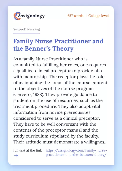 Family Nurse Practitioner and the Benner’s Theory - Essay Preview