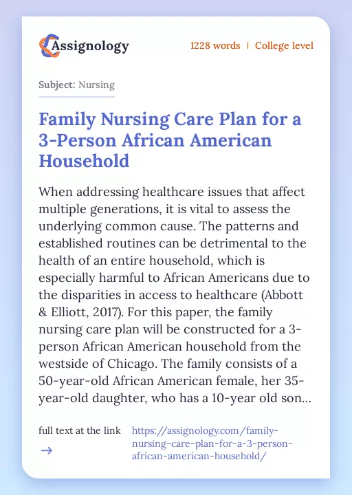 Family Nursing Care Plan for a 3-Person African American Household - Essay Preview