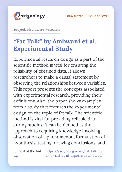 “Fat Talk” by Ambwani et al.: Experimental Study - Essay Preview