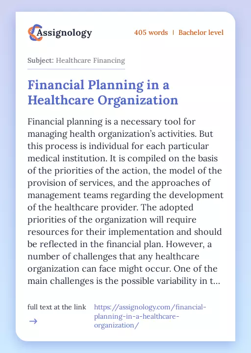 Financial Planning in a Healthcare Organization - Essay Preview