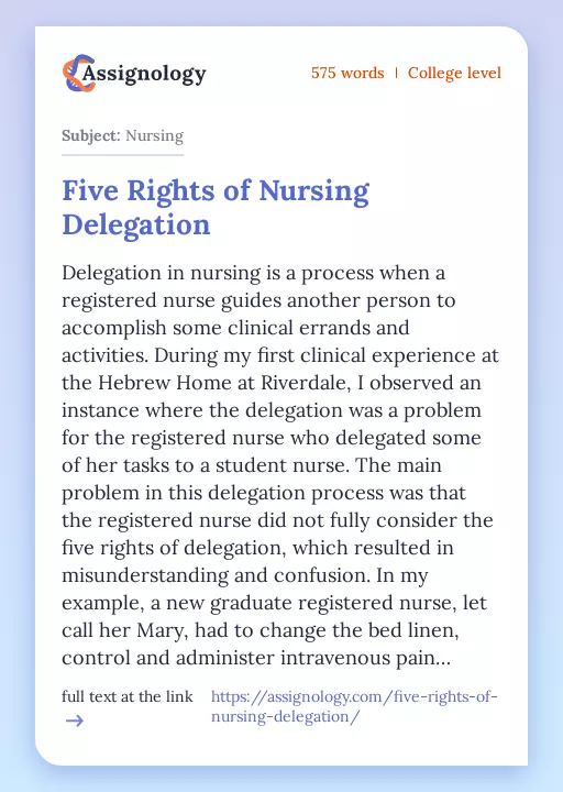 Five Rights of Nursing Delegation - Essay Preview