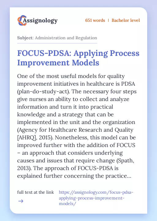 FOCUS-PDSA: Applying Process Improvement Models - Essay Preview