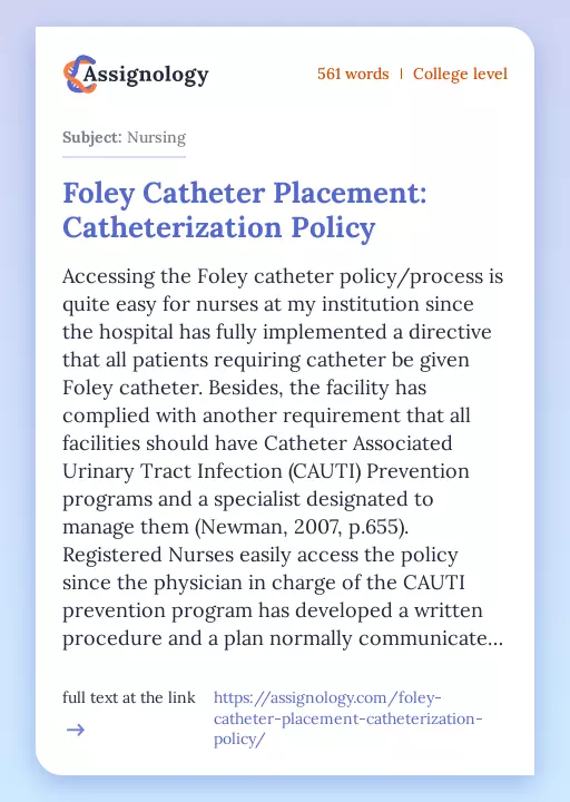 Foley Catheter Placement: Catheterization Policy - Essay Preview