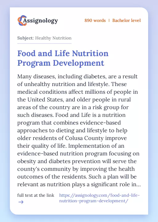 Food and Life Nutrition Program Development - Essay Preview