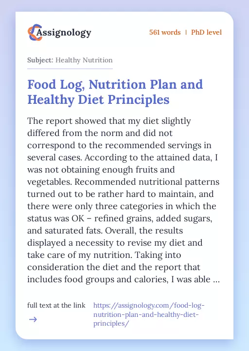 Food Log, Nutrition Plan and Healthy Diet Principles - Essay Preview