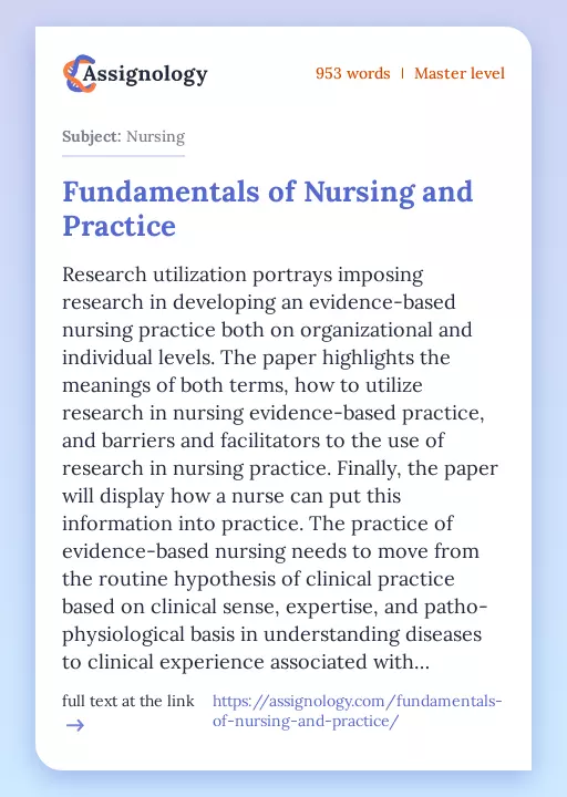 Fundamentals of Nursing and Practice - Essay Preview