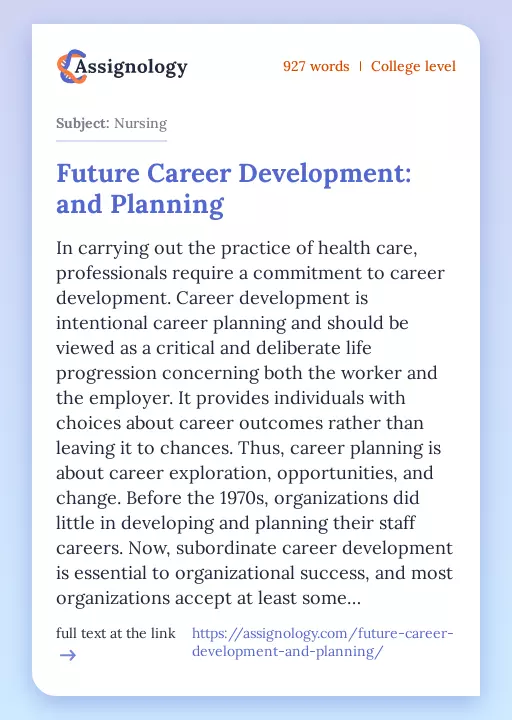 Future Career Development: and Planning - Essay Preview