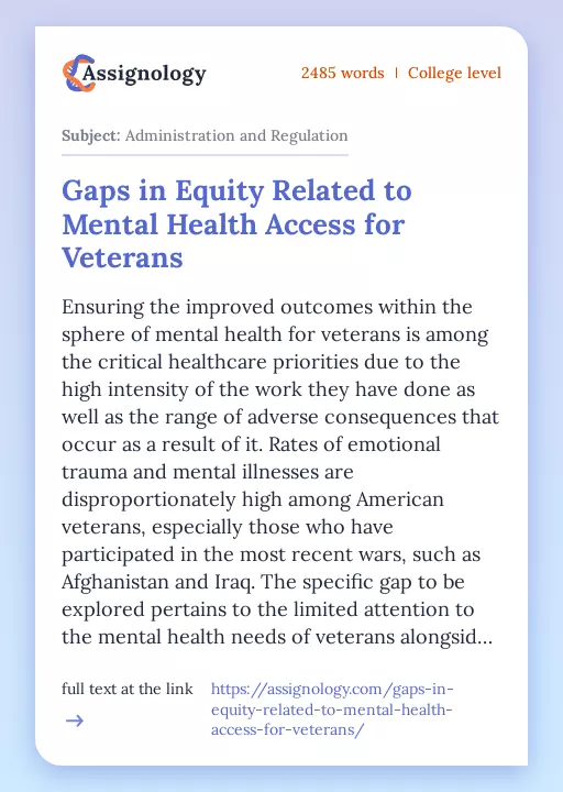 Gaps in Equity Related to Mental Health Access for Veterans - Essay Preview