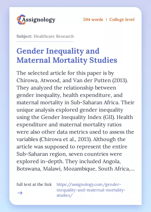 Gender Inequality and Maternal Mortality Studies - Essay Preview