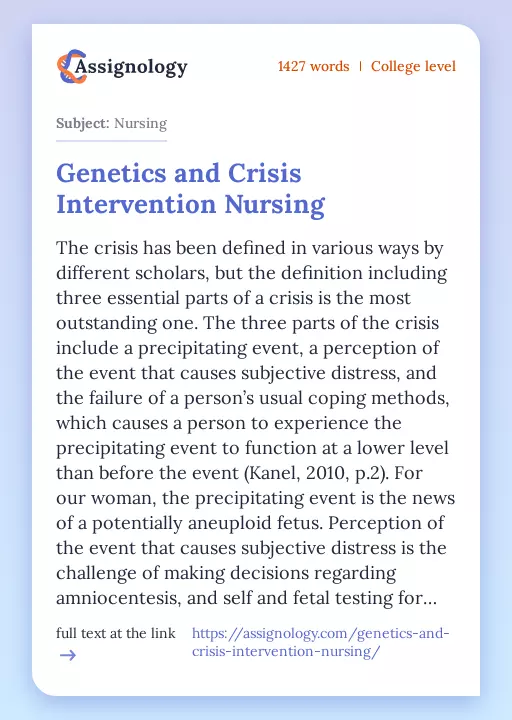 Genetics and Crisis Intervention Nursing - Essay Preview