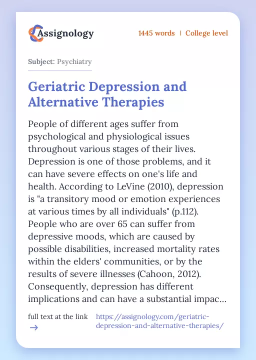 Geriatric Depression and Alternative Therapies - Essay Preview