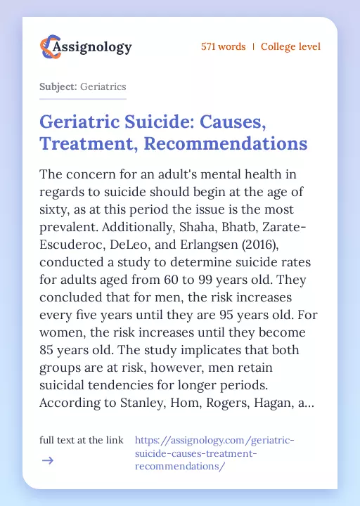 Geriatric Suicide: Causes, Treatment, Recommendations - Essay Preview