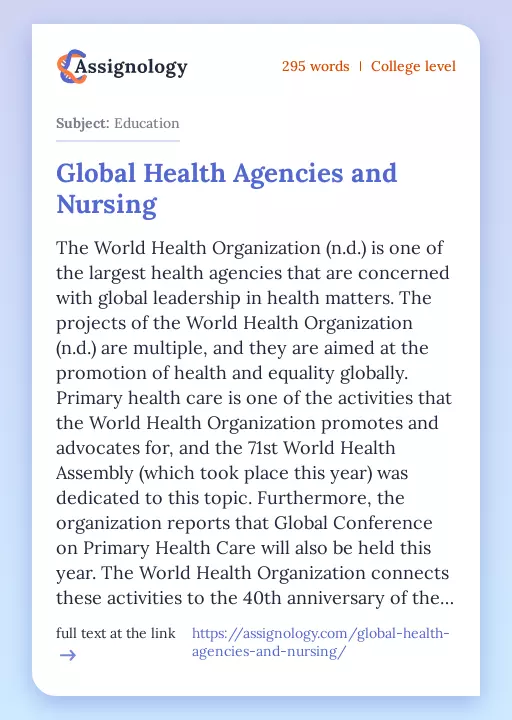 Global Health Agencies and Nursing - Essay Preview