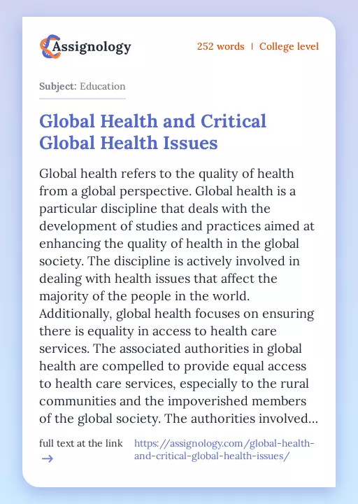 Global Health and Critical Global Health Issues - Essay Preview