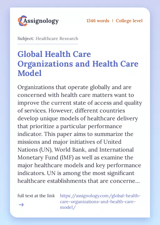 Global Health Care Organizations and Health Care Model - Essay Preview