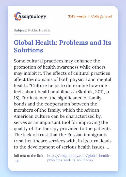 Global Health: Problems and Its Solutions - Essay Preview