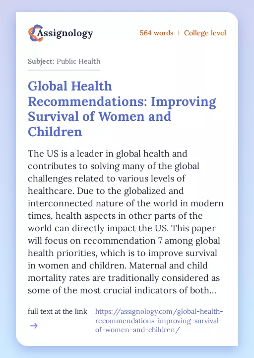 Global Health Recommendations: Improving Survival of Women and Children - Essay Preview
