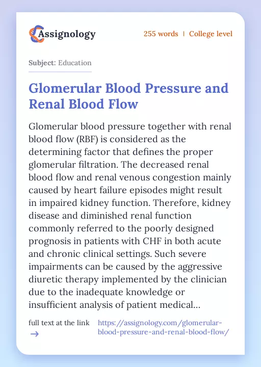 Glomerular Blood Pressure and Renal Blood Flow - Essay Preview