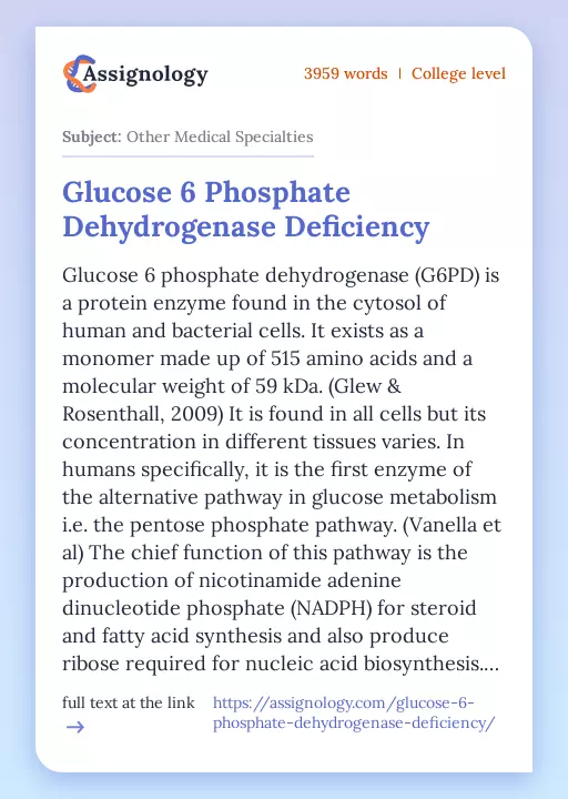 Glucose 6 Phosphate Dehydrogenase Deficiency - Essay Preview