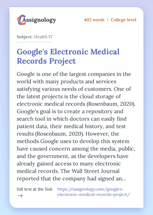 Google's Electronic Medical Records Project - Essay Preview