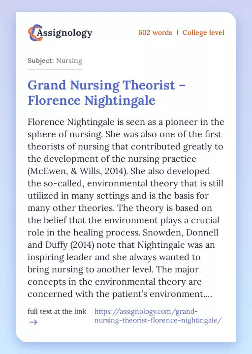 Grand Nursing Theorist – Florence Nightingale - Essay Preview