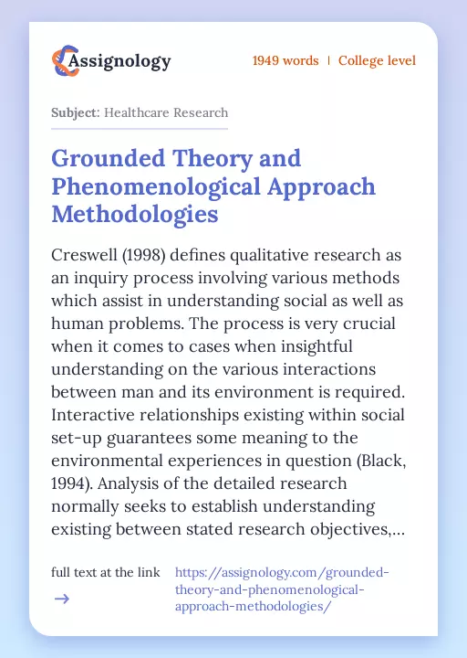 Grounded Theory and Phenomenological Approach Methodologies - Essay Preview