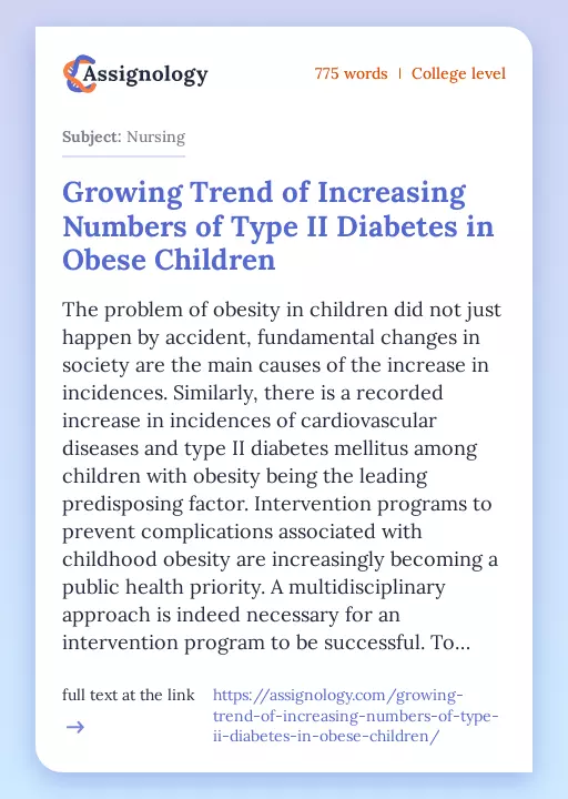 Growing Trend of Increasing Numbers of Type II Diabetes in Obese Children - Essay Preview