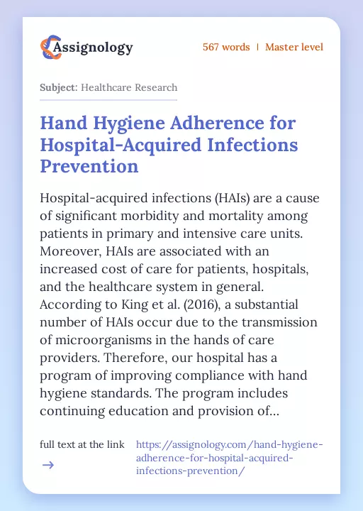 Hand Hygiene Adherence for Hospital-Acquired Infections Prevention - Essay Preview