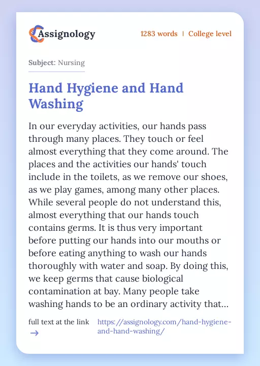 Hand Hygiene and Hand Washing - Essay Preview