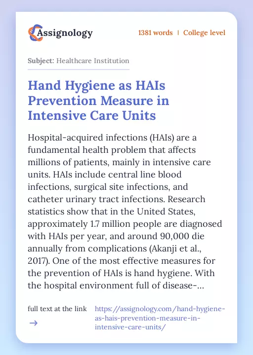 Hand Hygiene as HAIs Prevention Measure in Intensive Care Units - Essay Preview