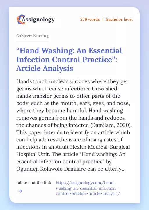 “Hand Washing: An Essential Infection Control Practice”: Article Analysis - Essay Preview