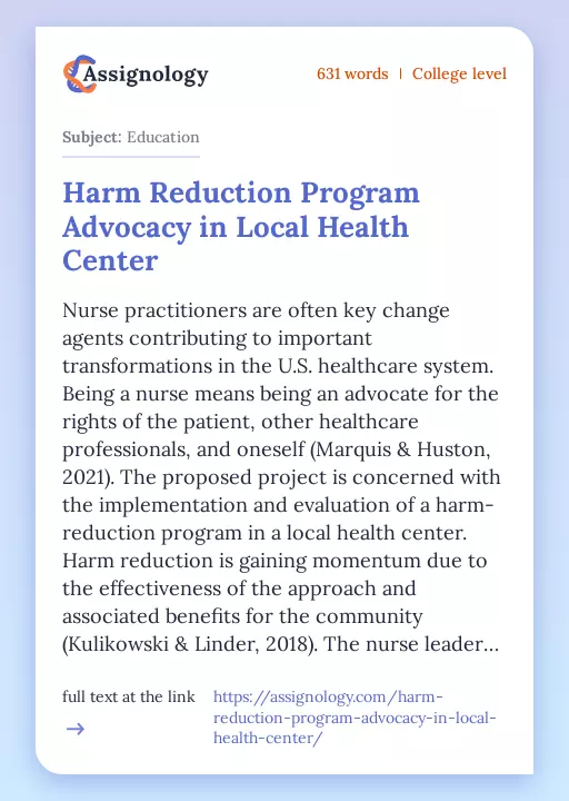 Harm Reduction Program Advocacy in Local Health Center - Essay Preview
