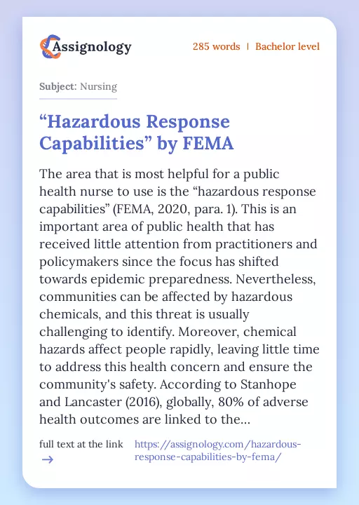 “Hazardous Response Capabilities” by FEMA - Essay Preview