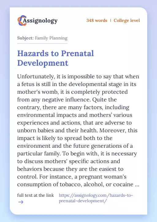 Hazards to Prenatal Development - Essay Preview