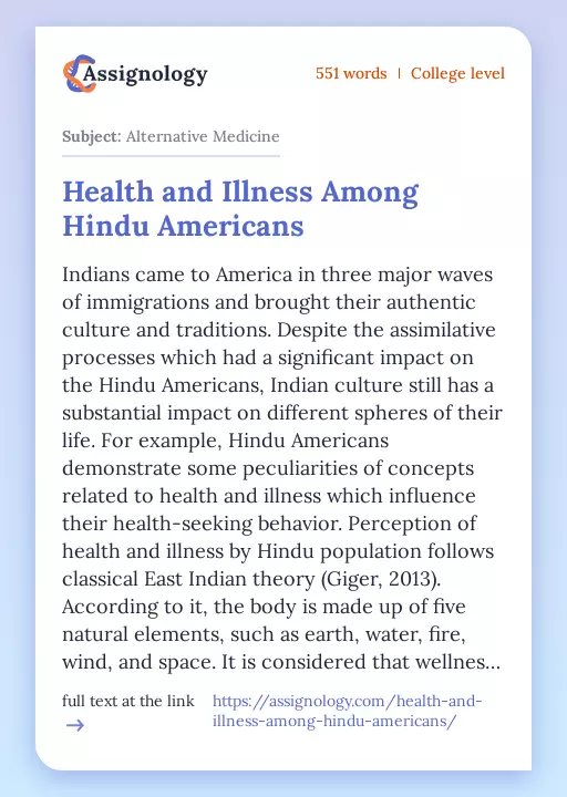 Health and Illness Among Hindu Americans - Essay Preview