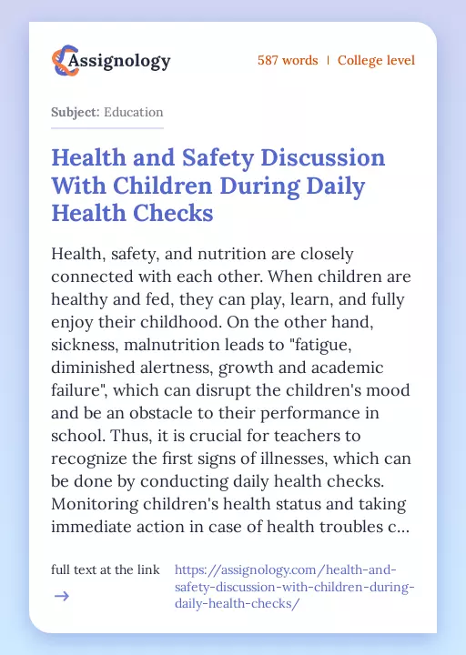 Health and Safety Discussion With Children During Daily Health Checks - Essay Preview