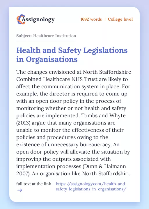 Health and Safety Legislations in Organisations - Essay Preview