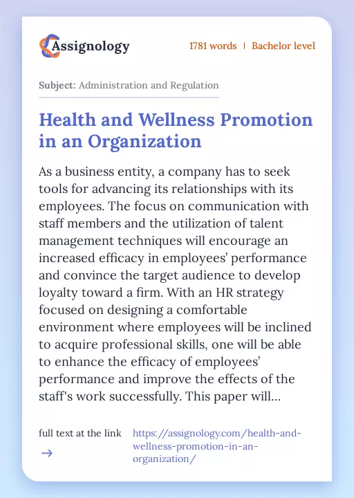 Health and Wellness Promotion in an Organization - Essay Preview